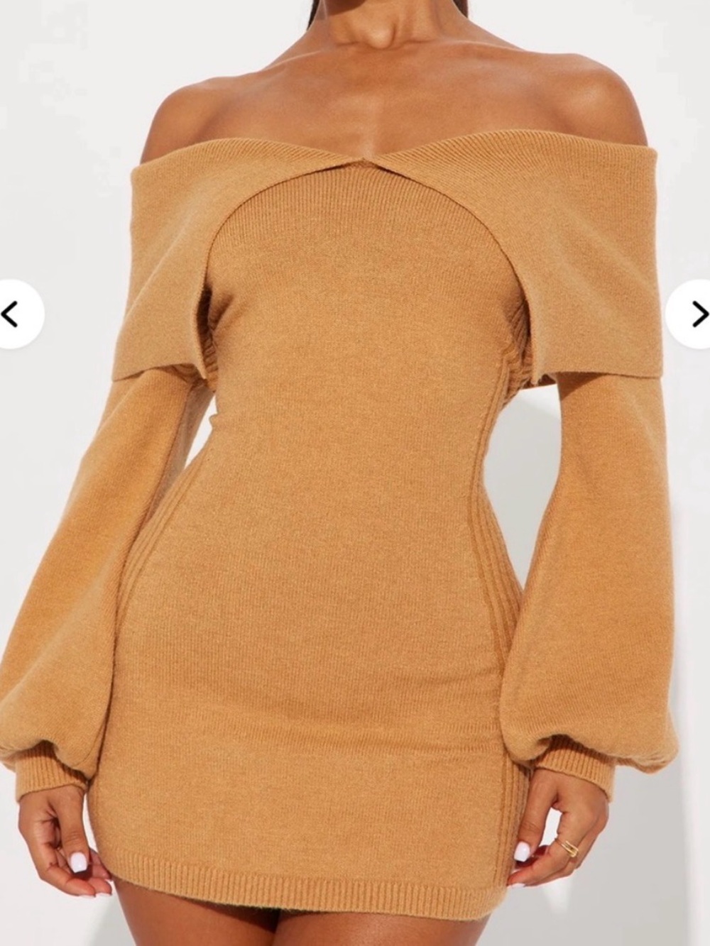 New With Tag Fashion Nova Off-Shoulder Camel Knit Bodycon Dress